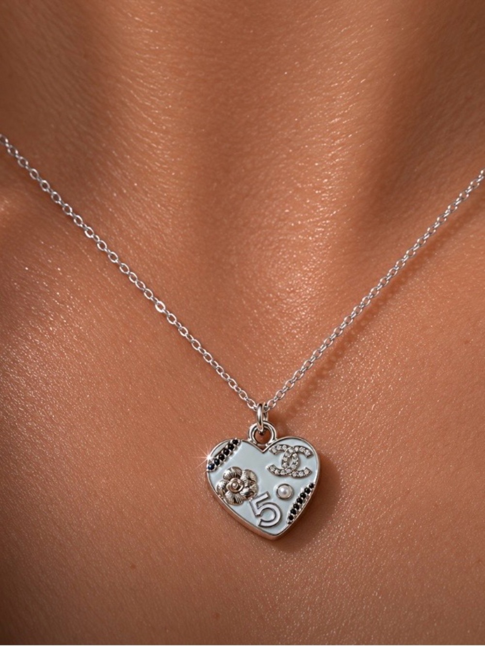 Chanel Up cycled Inspired Heart Brooch with Pearl and Crystal Accents